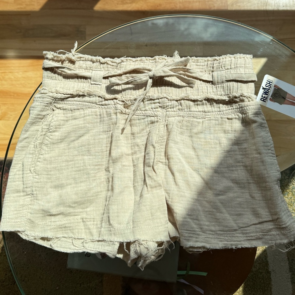 Tan paper bag shorts from Rewash